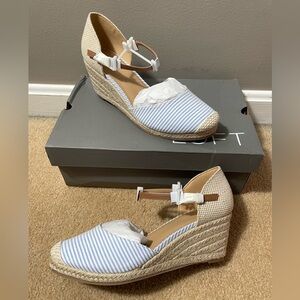 LOFT Blue and White Striped Espadrille Wedges 8.5